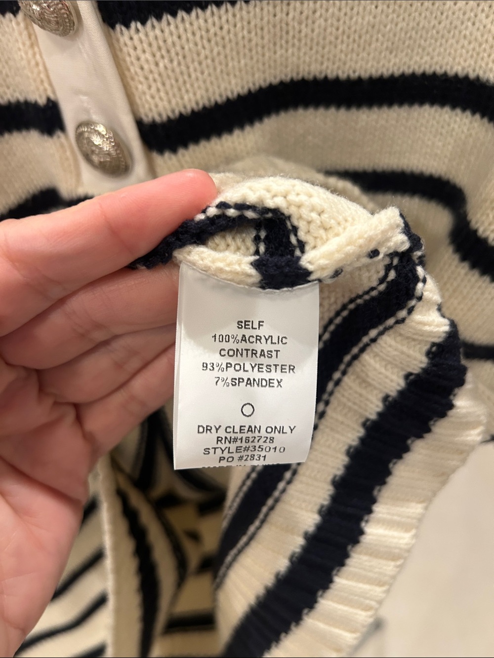 VOY Cream & Navy Striped Polo Knit Top with snazzy buttons! - Picture 3 of 5